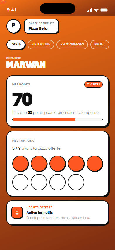Carte de fidélité Pizza Bella avec points et tampons
