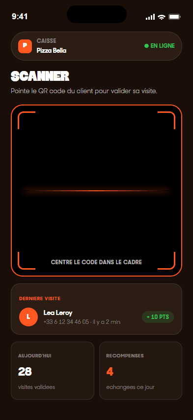 App caissier Fidelity — scanner du QR client