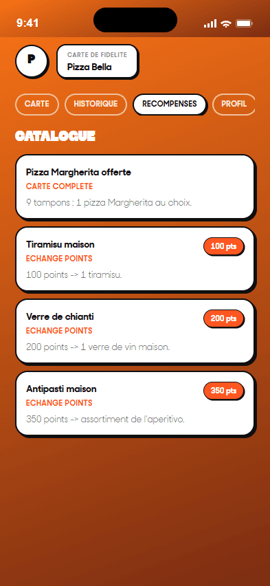 Catalogue des récompenses dans l'app client Pizza Bella