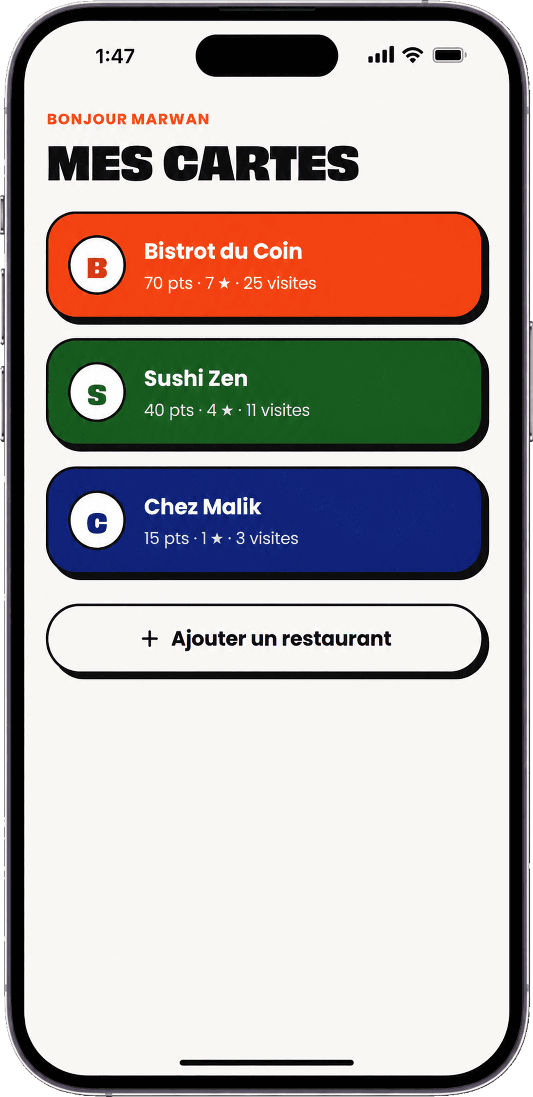 Écran d'accueil Fidelity — scanner le QR code du restaurant